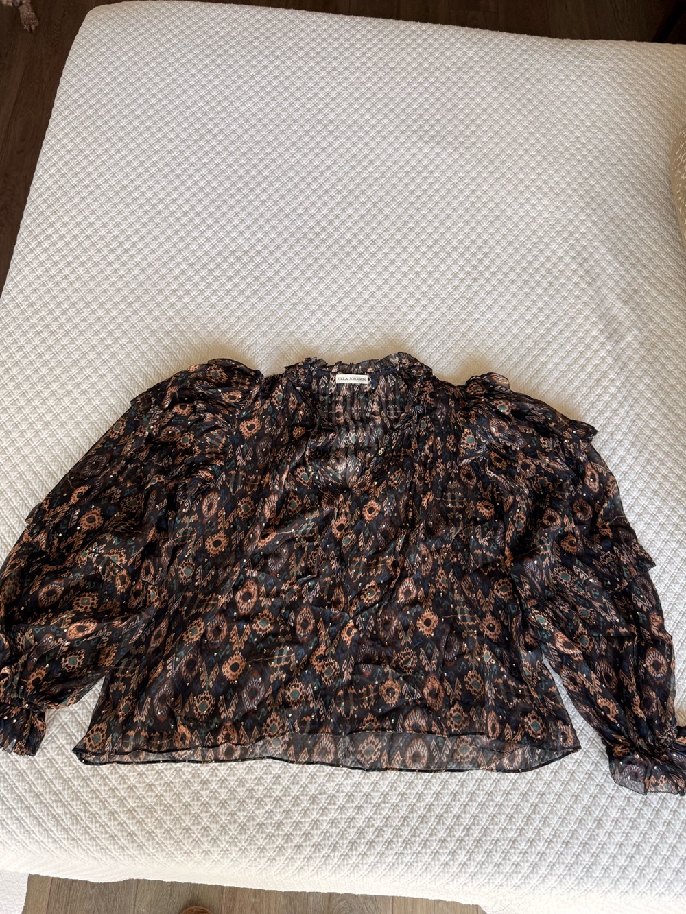 Ulla Johnson Sheer Black Floral Puff-Sleeve Blouse